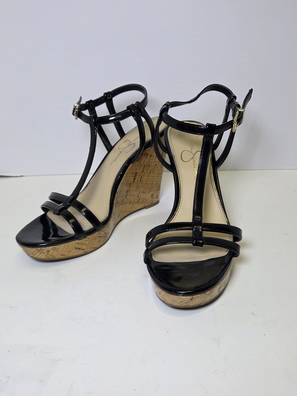 Jessica Simpson Black Patent T-Strap Cork Wedge Sandals